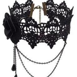 STEAMPUNK STORY Ras De Cou En Dentelle Noire Avec Rose Et Chaines élégant Goth