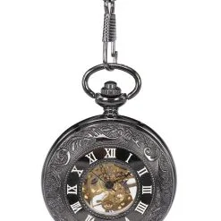 STEAMPUNK STORY Montre à Gousset Mécanique Vintage Noire Argentée à Engrenages Steampunk