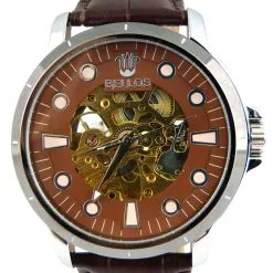 STEAMPUNK STORY Montre Mécanique Automatique Engrenages Dorés Bracelet Marron Steampunk 6