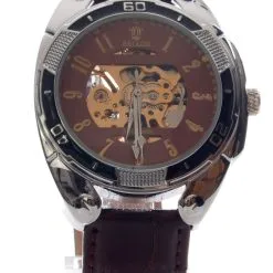 STEAMPUNK STORY Montre Automatique Sport Argentée Et Noir à Bracelet Marron, Rouages Or Stephen