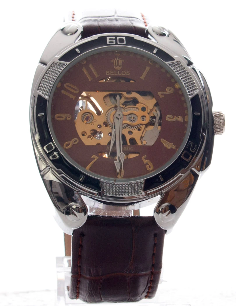 STEAMPUNK STORY Montre Automatique Sport Argentée Et Noir à Bracelet Marron, Rouages Or Stephen 3 STEAMPUNK STORY Montre Automatique Sport Argentée Et Noir à Bracelet Marron, Rouages Or Stephen