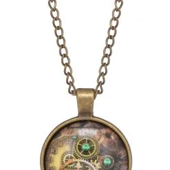 STEAMPUNK STORY Collier Pendentif Rond Impression Mécanisme D'engrenages Doré Steampunk