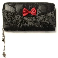 Banned Portefeuille Noir Gothique Rockabilly Tissu Motif Floral, Dentelle Et Noeud Rouge Ban