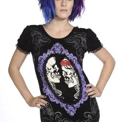 Banned Top Robe Noir Avec Imprimé Camé Violet Squelettes Amoureux, Dos En Dentelle