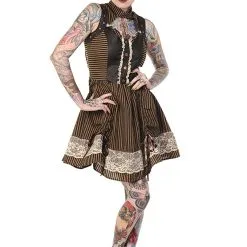 Banned Robe Marron Rayé Noir Steampunk Avec Dentelle Blanche Et Bretelles Avec Col