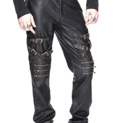 DEVIL FASHION Pantalon Homme Imitation Cuir Marron Foncé Avec Sangles, Gothique Rock Steampunk