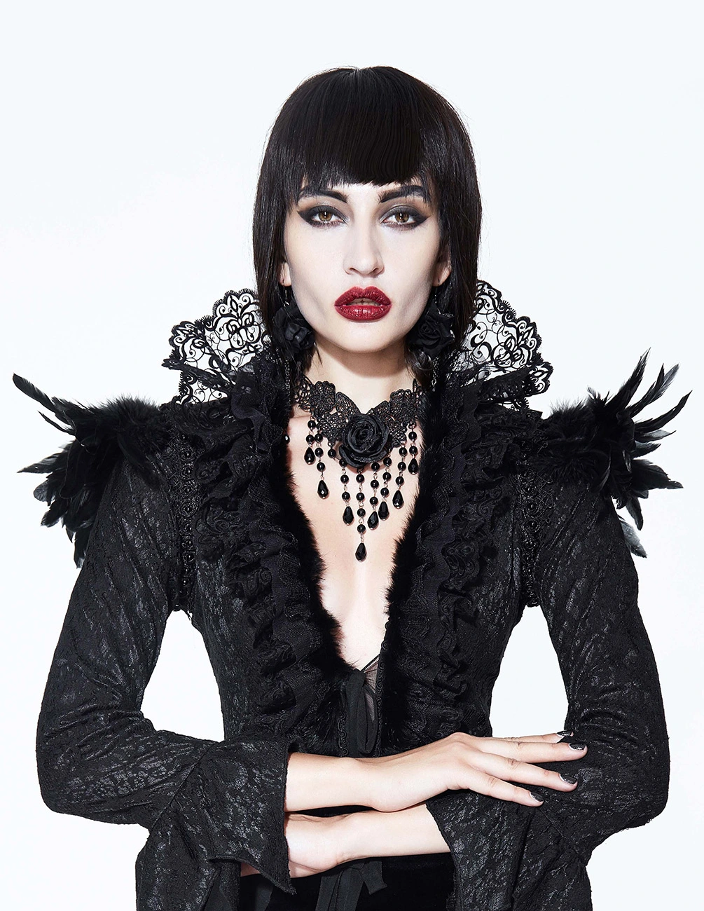 Eva Lady Veste Noire Col En Dentelle Et épaulettes à Plumes, élégant Gothique Victorien 3 Eva Lady Veste Noire Col En Dentelle Et épaulettes à Plumes, élégant Gothique Victorien