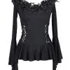Eva Lady Top Noir à Motif Avec Laçages, Roses Et Plumes, Manches évasées, Gothique élégant -Costumes Cosplay Soldes Boutique EVALA0013