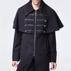 Veste Noire Homme Avec Cape Et Boutons, Fermeture éclair Et Poches Gothique Punk Rave