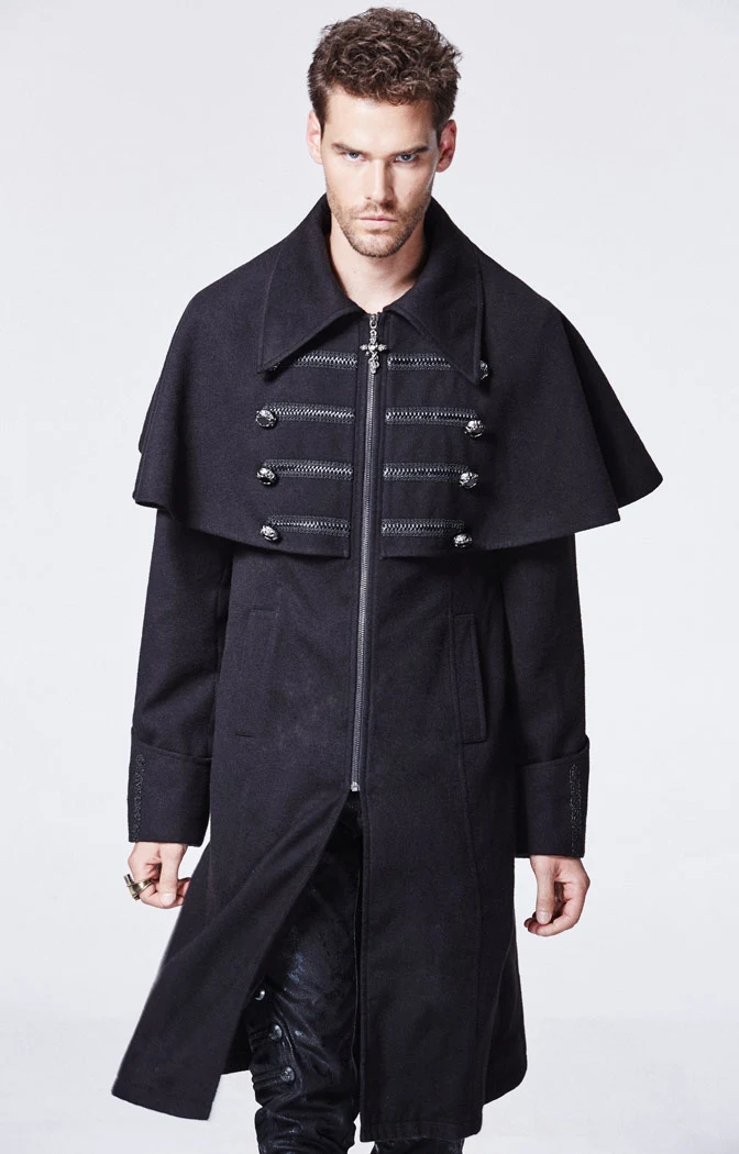 Veste Noire Homme Avec Cape Et Boutons, Fermeture éclair Et Poches Gothique Punk Rave 3 Veste Noire Homme Avec Cape Et Boutons, Fermeture éclair Et Poches Gothique Punk Rave