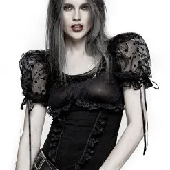 Pyon Pyon Top Noir Femme à Pois Avec Manches Ballon, Dentelle Et Laçages, Gothique, Lolita