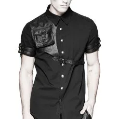Chemise Noire Avec Sangles Et Pochette Imitation Cuir, Gothique Punk Rock Punk Rave