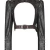 Boléro Faux Cuir Noir à Sangles Marrons, Laçages Et Pics, Steampunk Rock, Punk Rave -Costumes Cosplay Soldes Boutique PUNKR0608