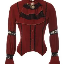 RQ-BL Chemise Rouge Avec Laçage Au Dos, Dentelle Noire Et Jabot, Western Steampunk, RQBL
