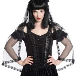 SINISTER Voile Mi-long Noir, Bordures Dentelle Fine Et Roses Noires, Gothique Romantique