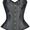 STEAMPUNK STORY Corset Baleines En Métal, Satin Gris Rayé Noir Et Motifs Floraux, Neo Baroque 286 -Costumes Cosplay Soldes Boutique VGLM0286