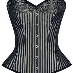 STEAMPUNK STORY Corset Baleines En Métal, Satin Gris Rayé Noir Et Motifs Floraux, Neo Baroque 286